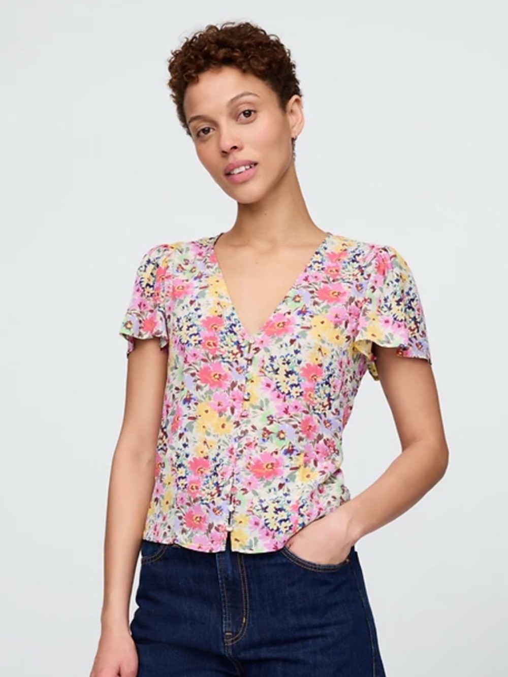 GAP Cropped Blouse Floral Rayon Crepe Button Front XL Coquette Romantic Y2K NEW